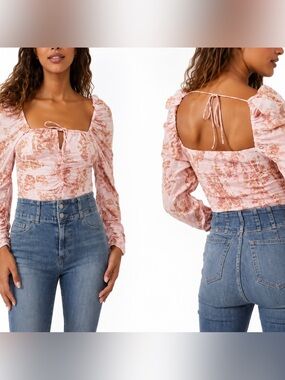 Free People Hilary Pink Floral Smocked Long Sleeve Crop Top M Medium NWT